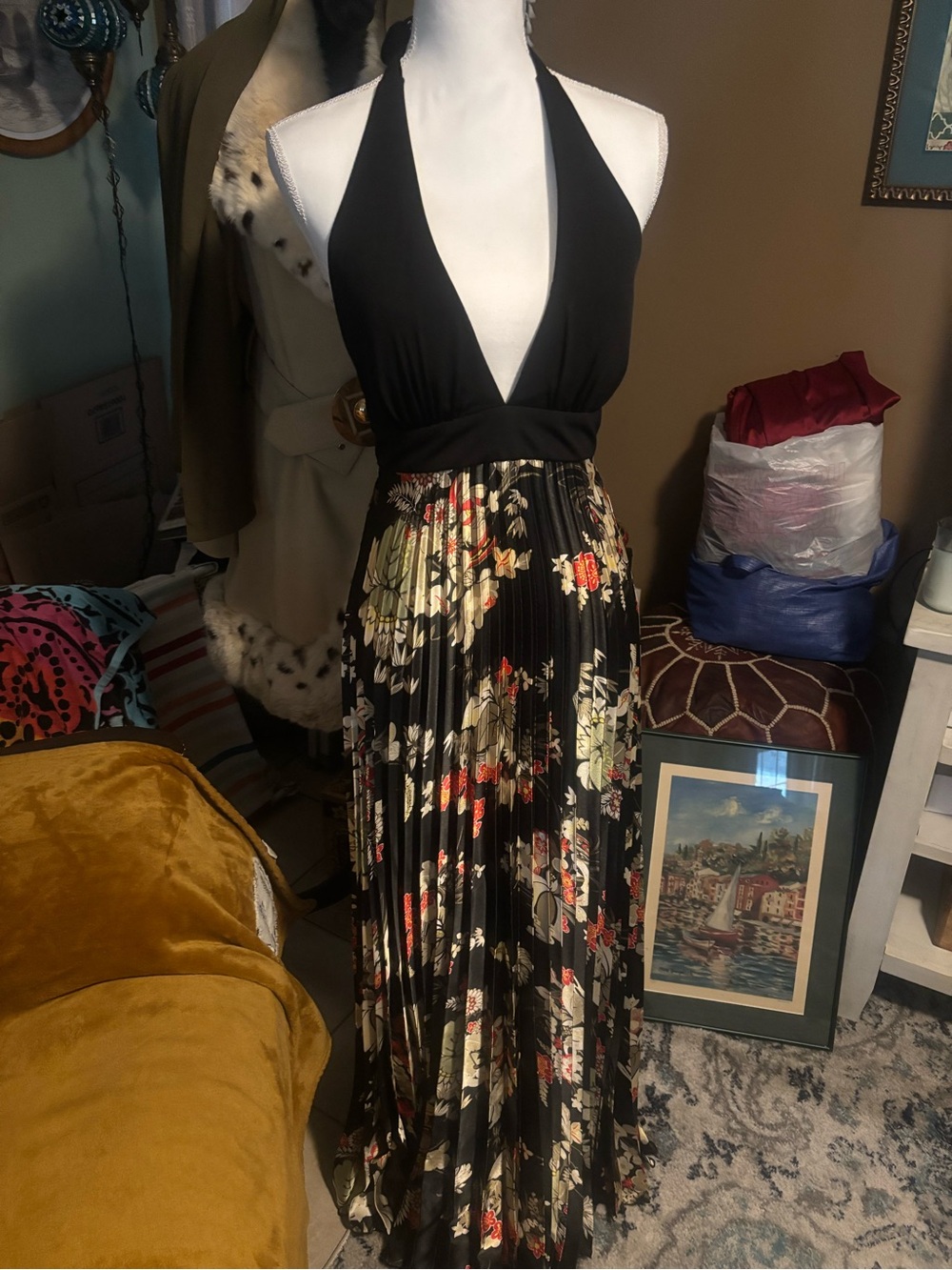 Betsey & Adam Y2K Asian Inspired pleated Halter Dress Sz 4